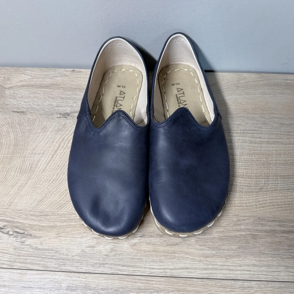 Atlantis Handmade Leather Slip‎ On Shoes Blue Mens 7.5 Blue Whipstitch Barefoot